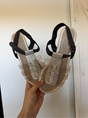 L'AGENCE Black and Silver Clear-Strap Slingback Sandals